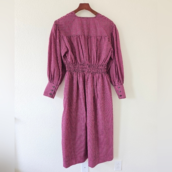 GANNI Carmine Rose Seersucker Check Gingham V Neck Gathered Midi Dress Small /36 - Picture 12 of 16